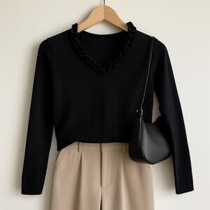 Vintage Pendleton Silk Top Petite Small Black Ruffled Collar